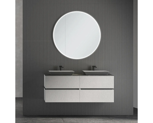 Salle de bains moderne avec double vasque, miroir rond et revêtement mural gris