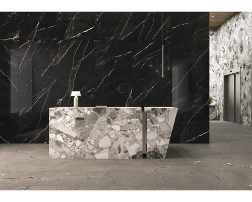 Intérieur avec mur en marbre noir, comptoir de réception et carrelage