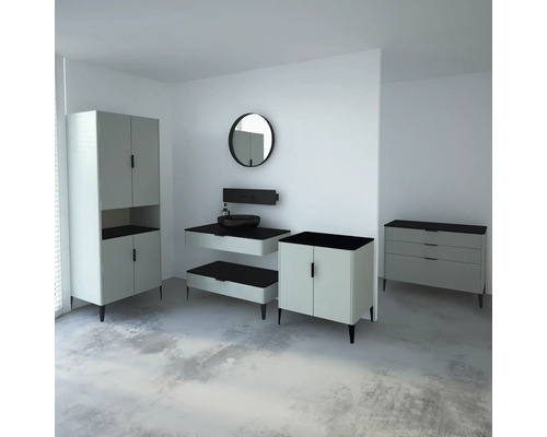 Ensemble de salle de bains avec lavabo, miroir, meuble sous-vasque, armoire haute et commode