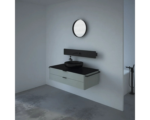 Salle de bains avec meuble-lavabo, vasque à poser, miroir et robinetterie