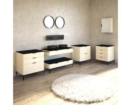 Vue d''une salle de bains avec lavabos, miroirs, porte-serviettes, meubles bas, armoire de toilette et tapis