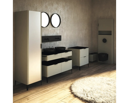 Salle de bains moderne avec lavabo, meuble bas, armoire de toilette et miroirs ronds
