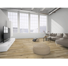 Heller Wohnraum mit Sofa, Fernseher und Holzboden