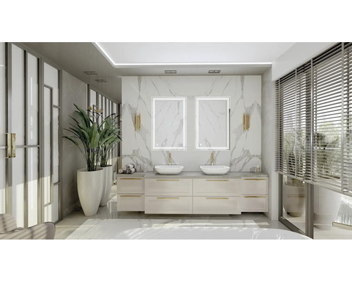 Helles Badezimmer mit Doppelwaschtisch, Spiegeln mit Beleuchtung und Pflanzen