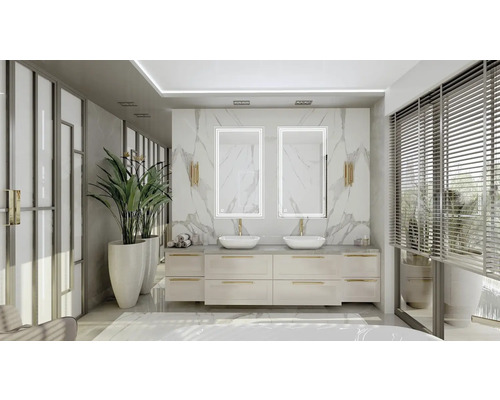 Salle de bain lumineuse avec double vasque, miroirs et plantes