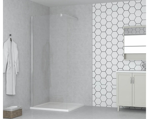 Exemple de salle de bains avec paroi de douche, meuble sous-lavabo, miroir et serviette
