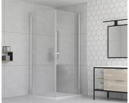 Douche d''angle avec parois en verre transparent dans la salle de bain