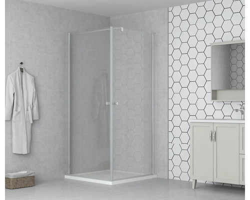 Cabine de douche d''angle avec verre transparent et receveur dans une salle de bain lumineuse