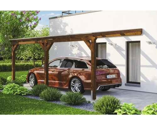 Abri de voiture en bois avec voiture devant