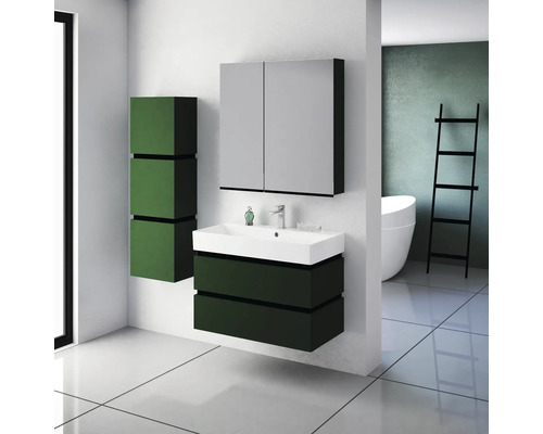 Salle de bain moderne avec meuble sous-lavabo, armoire de toilette et étagère