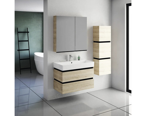 Salle de bains moderne avec meuble-lavabo, armoire de toilette et armoire haute aspect bois
