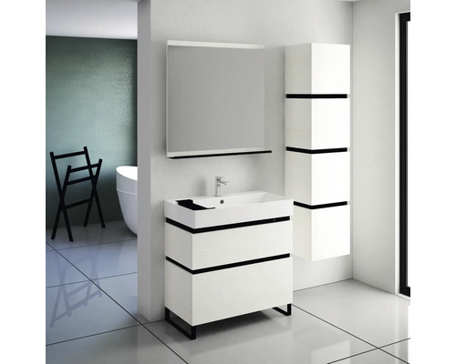 Ensemble de salle de bains moderne avec lavabo, miroir et armoire haute en blanc avec accent noir