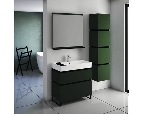 Salle de bains avec meuble-lavabo, miroir et armoire haute pour une ambiance moderne