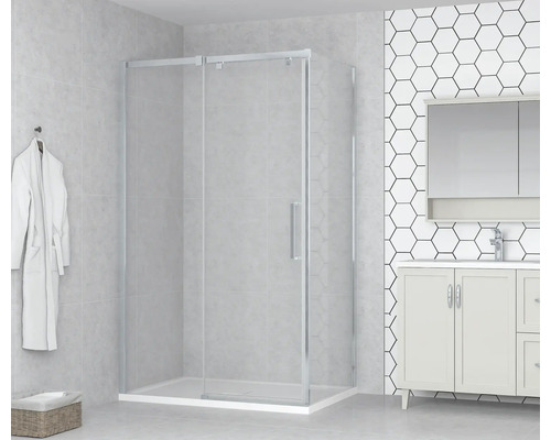 Salle de bains avec cabine de douche, meuble sous-lavabo et miroir
