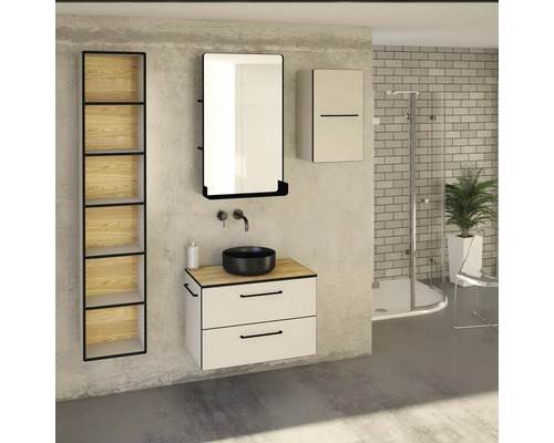 Salle de bain avec meuble-lavabo, miroir, armoire haute, étagère et douche