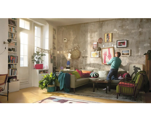 "Wohnzimmer mit Sofa, Sesseln, Pflanzen und einer Person, die ein gerahmtes Bild an einer Wand mit verschiedenen Kunstwerken aufhängt. Eine Girlande mit der Aufschrift ""Happy Birthday"" ist ebenfalls zu sehen."