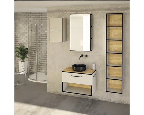 Salle de bains avec lavabo, miroir, armoire suspendue et étagère