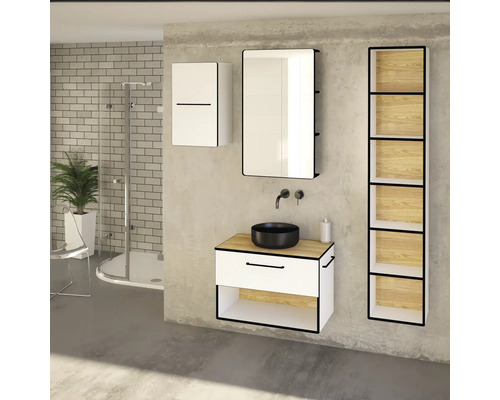 Salle de bains moderne avec meuble-lavabo, miroir, armoire suspendue et étagère