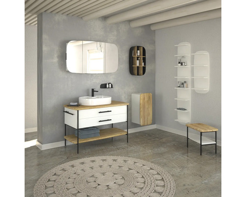 Salle de bains avec meuble-lavabo, armoire de toilette, étagères et tapis rond