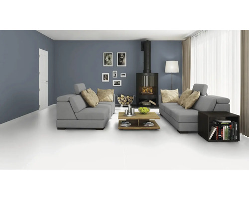 Modernes Wohnzimmer mit grauen Sofas, Kamin und Holztisch