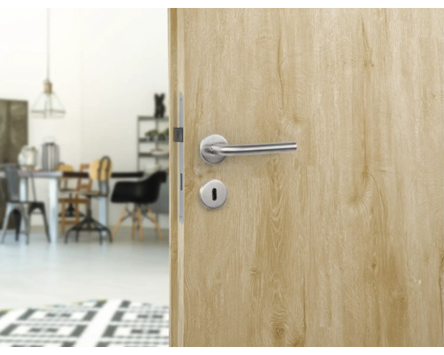 Innentür mit Holzmuster und Türdrücker in einem hellen Raum