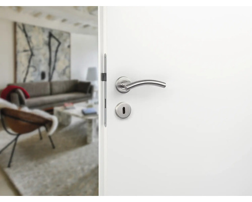 Porte blanche ouverte avec poignée de porte argentée et vue sur un salon