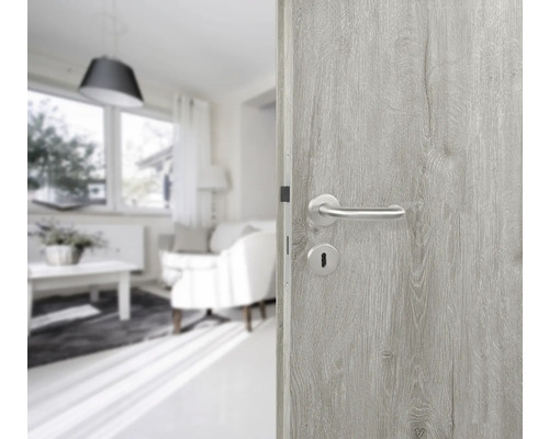 Porte intérieure ouverte avec poignée et serrure argentées