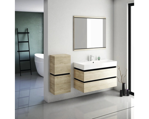 Salle de bains moderne avec meuble-lavabo, miroir et armoire suspendue en décor bois clair