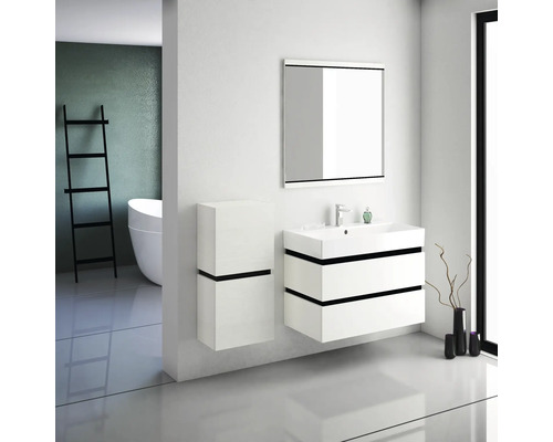 Salle de bains avec meuble sous-lavabo, armoire de toilette et armoire haute au design clair