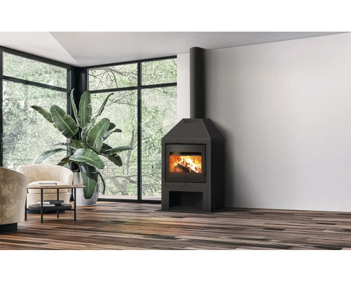 Poêle à bois indépendant avec du bois qui brûle dans un salon lumineux