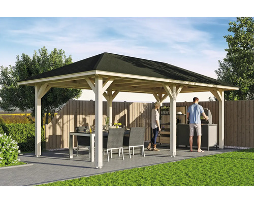 Pavillon de jardin en bois avec table à manger, chaises et espace barbecue