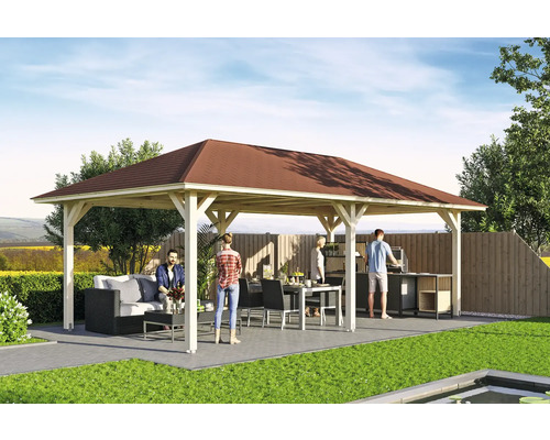 Pavillon autoportant avec cadre en bois et toit, entouré de meubles de jardin et de personnes.