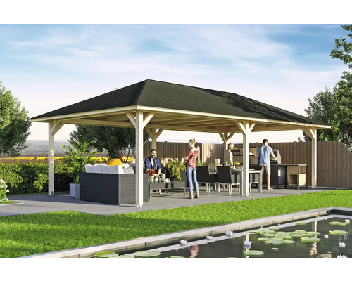 Pavillon de jardin en bois avec mobilier et barbecue