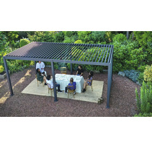 Scène avec un groupe de personnes sous une pergola dans le jardin, assis à une table à manger.