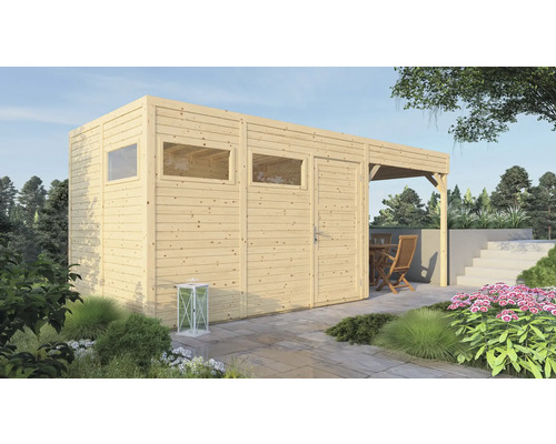 Gartenhaus Bertilo Cubo 3 inkl. Anbaudach und Fussboden 560 x 240 cm natur