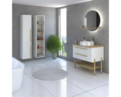 Helles Badezimmer mit Waschbeckenunterschrank, Spiegelschrank, Hochschrank und Zimmerpflanze