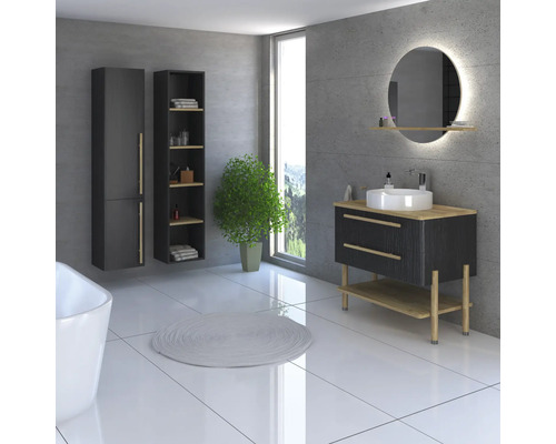 Salle de bain avec meuble-lavabo, miroir, armoire de salle de bain et plante