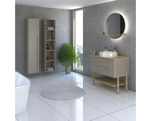 Modernes Badezimmer mit Waschtisch, Spiegel, Schrank und Pflanze