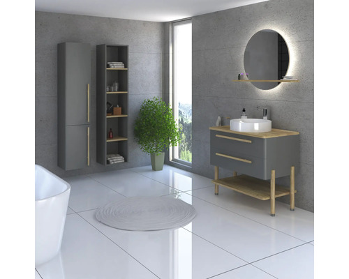 Salle de bains avec lavabo, miroir, armoire et plante