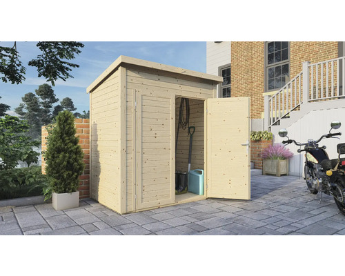 Armoire de jardin en bois avec porte ouverte, placée dans le jardin