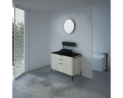 Salle de bains moderne avec meuble-lavabo, miroir rond et baignoire