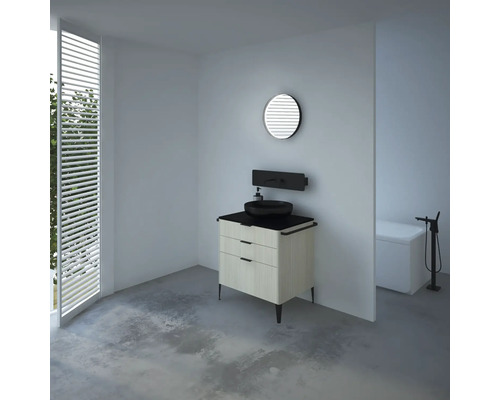 Salle de bains moderne avec meuble-lavabo, miroir, lavabo à poser et baignoire