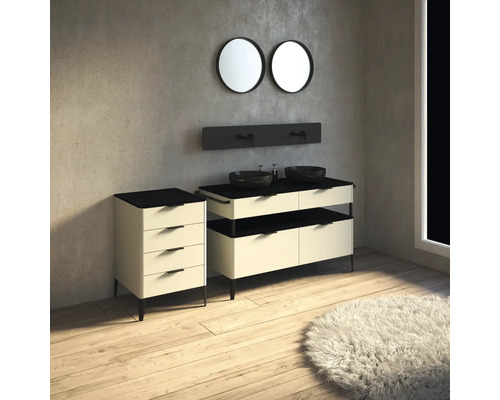 Modernes Badezimmerensemble mit Waschtisch, Unterschrank und runden Spiegeln
