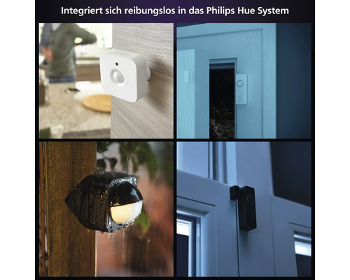 Collage de différents détecteurs de mouvement Philips Hue pour l''intérieur et l''extérieur sur les portes et les murs.