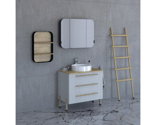 Vue de salle de bains avec meuble sous-lavabo, armoire de toilette, étagère et échelle