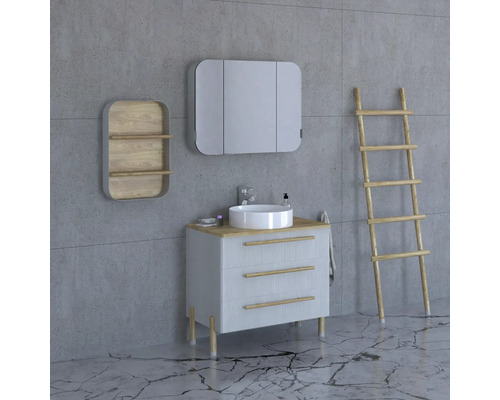 Salle de bains avec meuble sous-lavabo, armoire de toilette, étagère et échelle