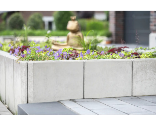 Jardinière surélevée en béton avec plantes et décoration dans le jardin.