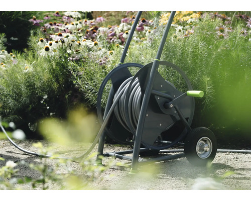 Dévidoir de tuyau d''arrosage avec tuyau dans le jardin