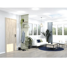 Salon lumineux avec porte, séparateur de pièce, canapé, table et fenêtres pour une ambiance conviviale