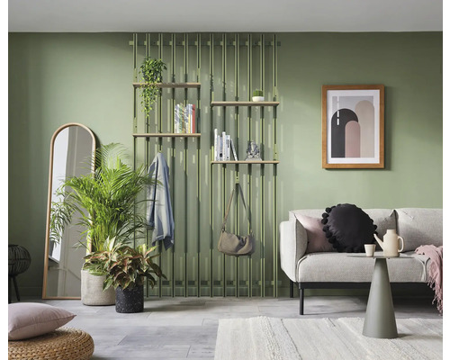 Salon avec canapé, étagère et plantes d''intérieur